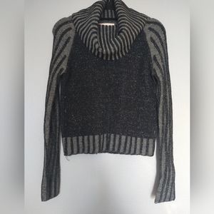 Women's black cowl neck sweater , with black and grey stripped neck and arms. L.